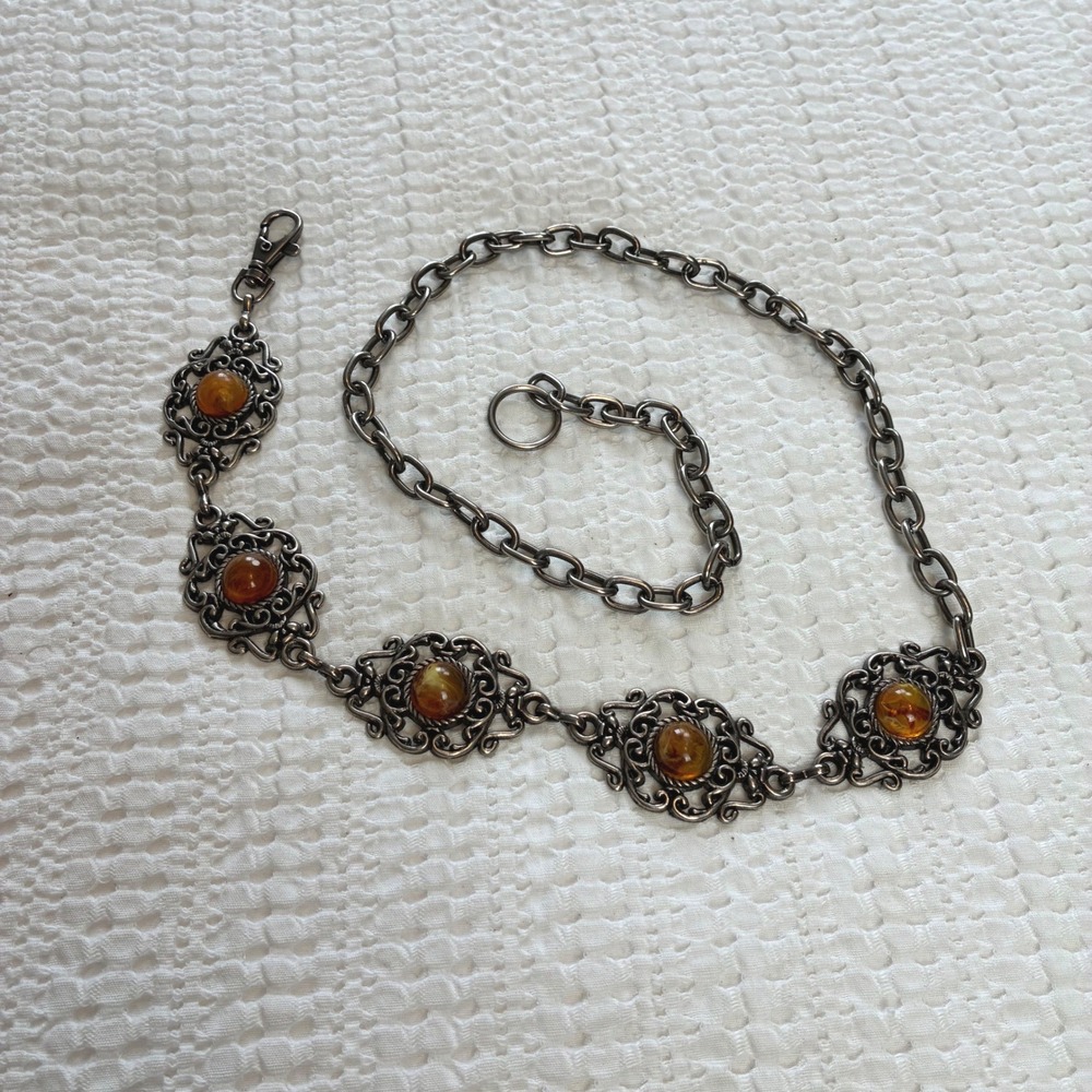 Y2K Silver Filigree Belt Metal Chain Amber Resin Romantic Low Slung Adjustable